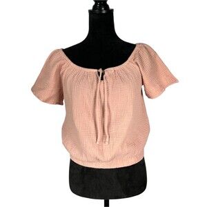 C&C California Pink Crop Top Smocked T-Shirt Short Sleeve Gauze Summer Medium